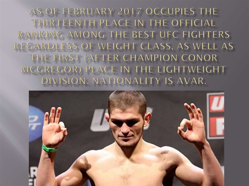 As of February 2017 occupies the thirteenth place in the official ranking among the best UFC fighters regardless of weight