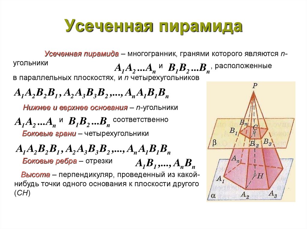 Усеченная четырехугольная пирамида. Правильная усечённая пирамида формулы. Усеченная четырехугольная пирамида геометрия. Правильная треугольная усеченная пирамида элементы. Элементы правильной усеченной пирамиды.