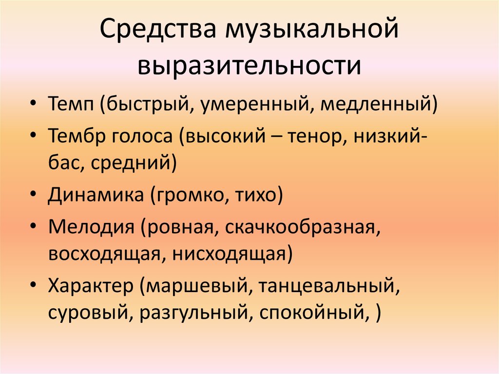 Определи средства выразительности интонация темп лад тембры голосов и инструментов