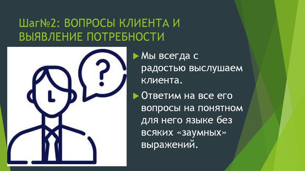 Выявление потребностей. Вопросы клиенту. Клиент спрашивает.