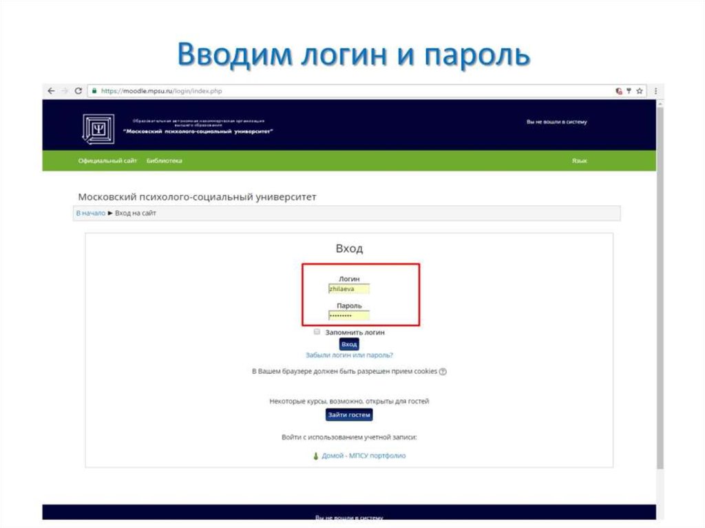 Вводим логин и пароль