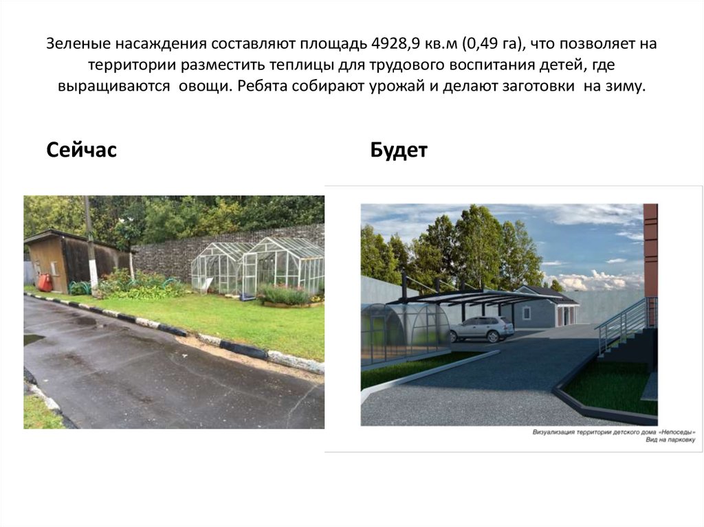 Зеленые насаждения составляют площадь 4928,9 кв.м (0,49 га), что позволяет на территории разместить теплицы для трудового