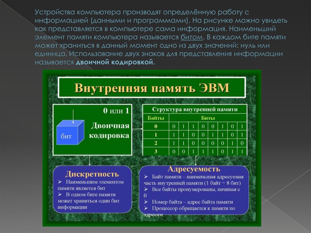 Компьютерное представление. Внутренняя память ЭВМ. Структура внутренней памяти. Структура внутренней памяти компьютера. Состав памяти компьютера.