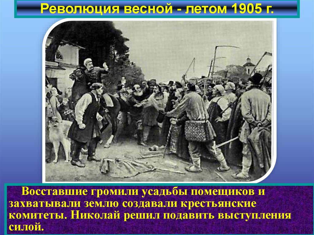 Первая крестьянская революция. Революция весной-летом 1905 г.. Развитие революции весной летом 1905. Первая русская революция роль помещиков.