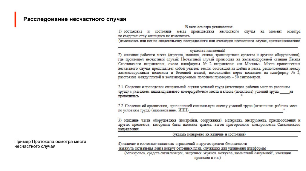 Заполненный протокол осмотра места несчастного случая образец