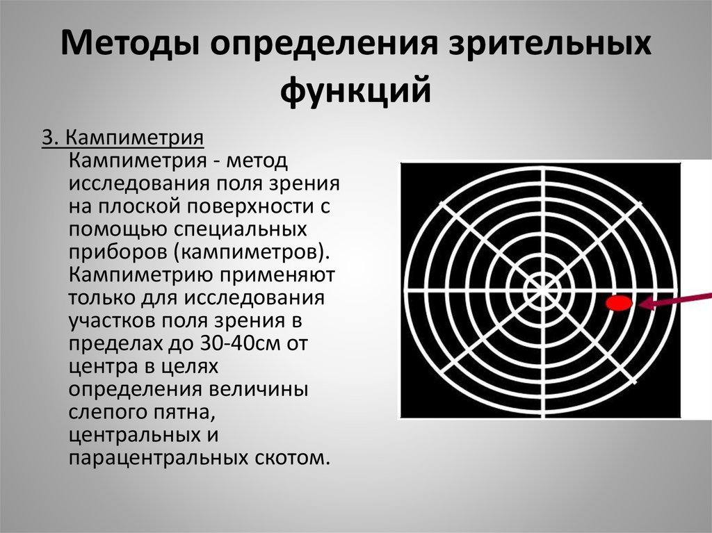 Определение полей зрения. Методы изучения функции зрительного анализатора.. Поля зрения и методы их исследования. Методы обследования зрения. Методы обследования зрительной функции.