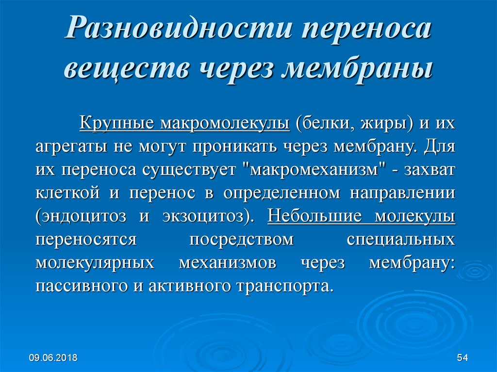 Виды переноса. Макромолекулы мембраны. Механизм переноса макромолекул через мембраны. Виды переноса вещества. Пример макромеханизма.