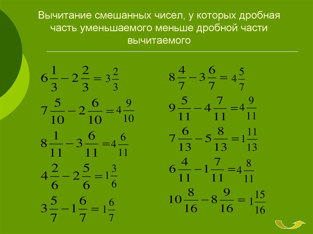 Смешанные дроби с разными знаменателями. Сложение и вычитание смешанных дробей с разными знаменателями. Вычитание смешанных дробей с разными знаменателями 6. Вычитание смешанных чисел с разными знаменателями. Сложение и вычитание дробей с разными знаменателями смешанных чисел.