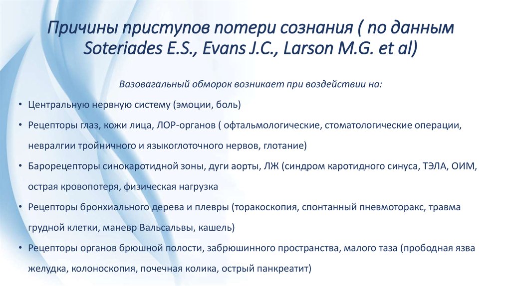 Причины приступов потери сознания ( по данным Soteriades E.S., Evans J.C., Larson M.G. et al)