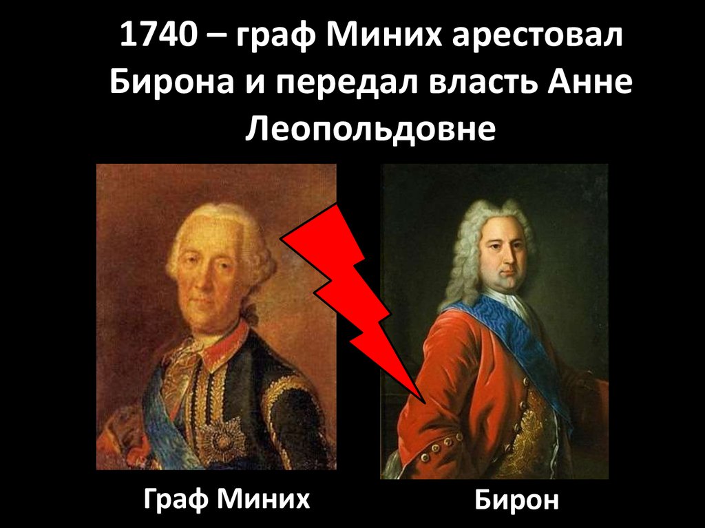 1740 – граф Миних арестовал Бирона и передал власть Анне Леопольдовне