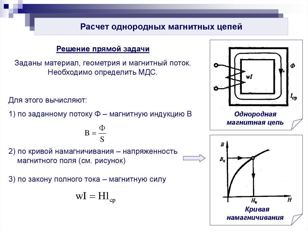 Магнитные отношения. Расчет магнитных цепей (прямая и Обратная задачи).. Магнитные цепи с постоянной МДС. Магнитодвижущую силу (МДС) вдоль магнитной цепи. МДС F В магнитной цепи зависит от.