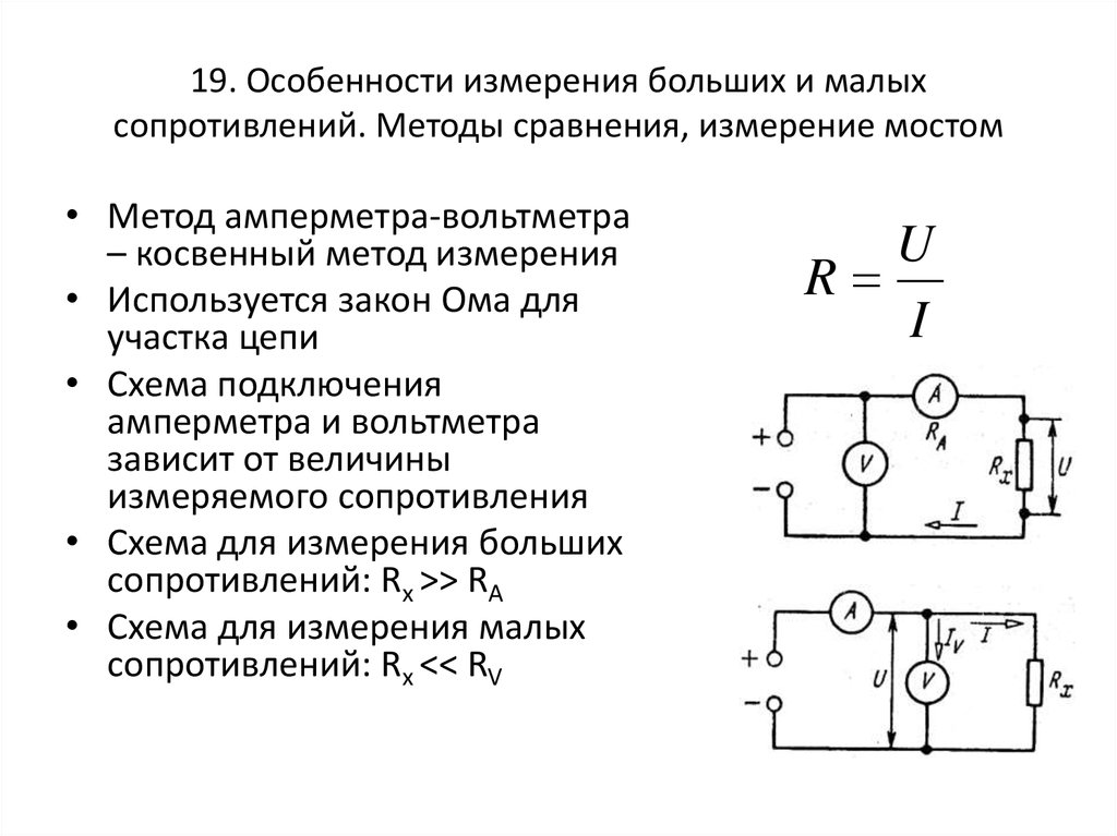 Измерение сопротивлений напряжения. Схема измерения сопротивления постоянного тока методом амперметра. Метод амперметра-вольтметра схема. Измерение сопротивления схема подключения. Измерение сопротивления методом амперметра и вольтметра.