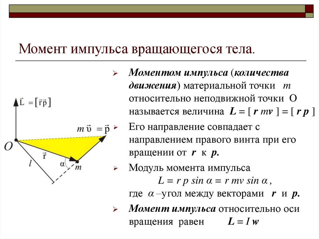 Угловое это где. Момент импульса вращающегося тела относительно неподвижной оси. Момент импульса формула. Момент импульса материальной точки относительно неподвижной.