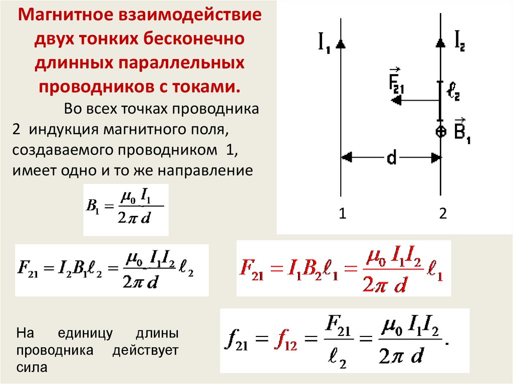 Магнитное взаимодействие двух параллельных проводников с током. Формула силы взаимодействия параллельных проводников с током. Сила взаимодействия 2 проводников с током. Магнитная индукция двух проводников.