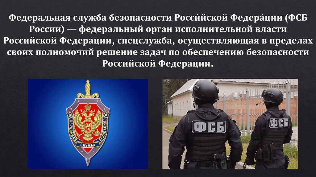 Федеральная служба безопасности Росси́йской Федера́ции (ФСБ России) — федеральный орган исполнительной власти Российской