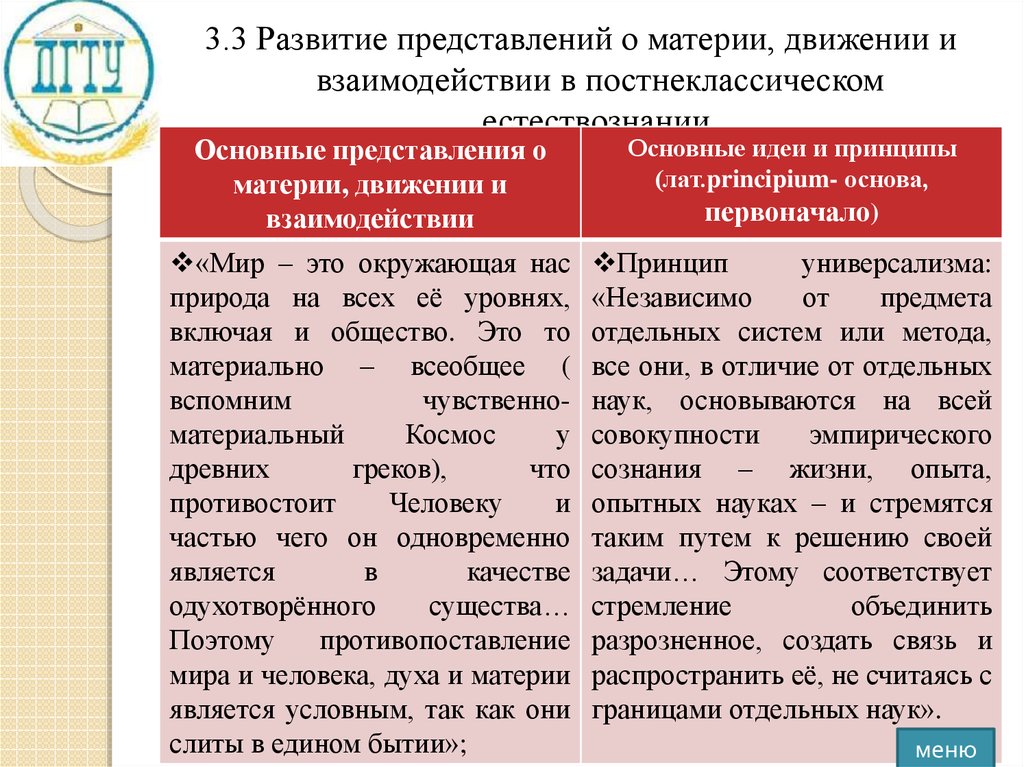 3.3 Развитие представлений о материи, движении и взаимодействии в постнеклассическом естествознании.