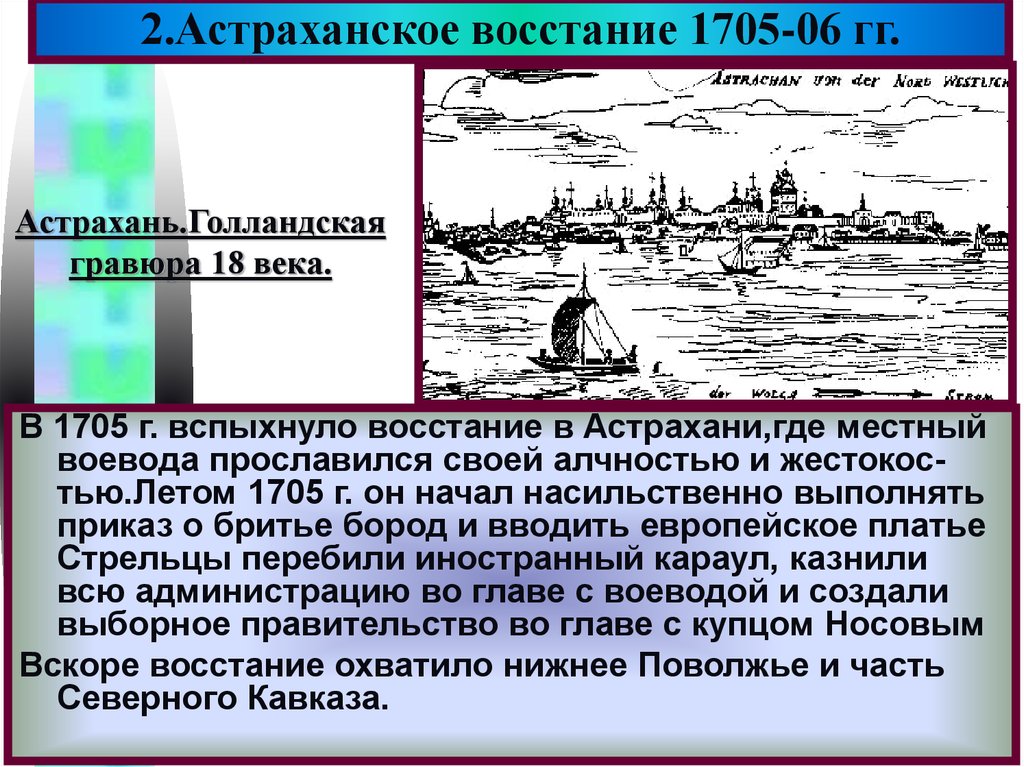 Восстание в астрахани. Восстание в Астрахани 1705. Бунт в Астрахани при Петре 1. Участники Астраханского Восстания 1705-1706. Руководитель Астраханского Восстания 1705-1706.