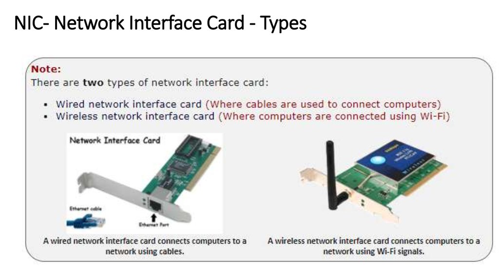 Wired network. Nic - Network interface Card. Wireless Network interface Card. Interface="Wireless Network connection". Wired Network interface.