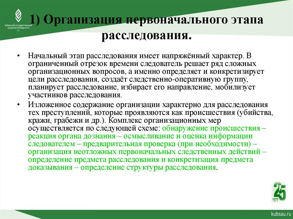 Первоначальные следственные действия. Первоначальный этап расследования. Основные этапы расследования. Организация этапов расследования. Задачи первоначального этапа расследования.