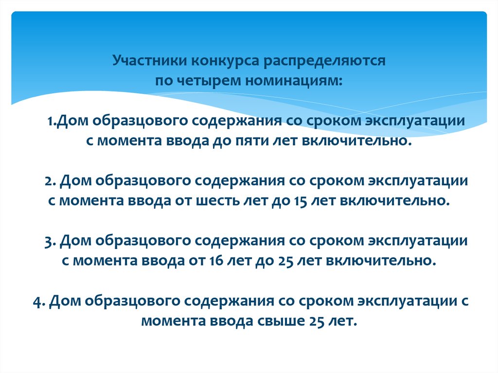 Участники конкурса распределяются по четырем номинациям: 1.Дом образцового содержания со сроком эксплуатации с момента ввода до