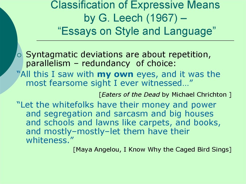 Classification of Expressive Means by G. Leech (1967) – “Essays on Style and Language”