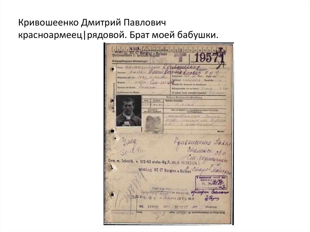 Кривошеенко Дмитрий Павлович красноармеец|рядовой. Брат моей бабушки.