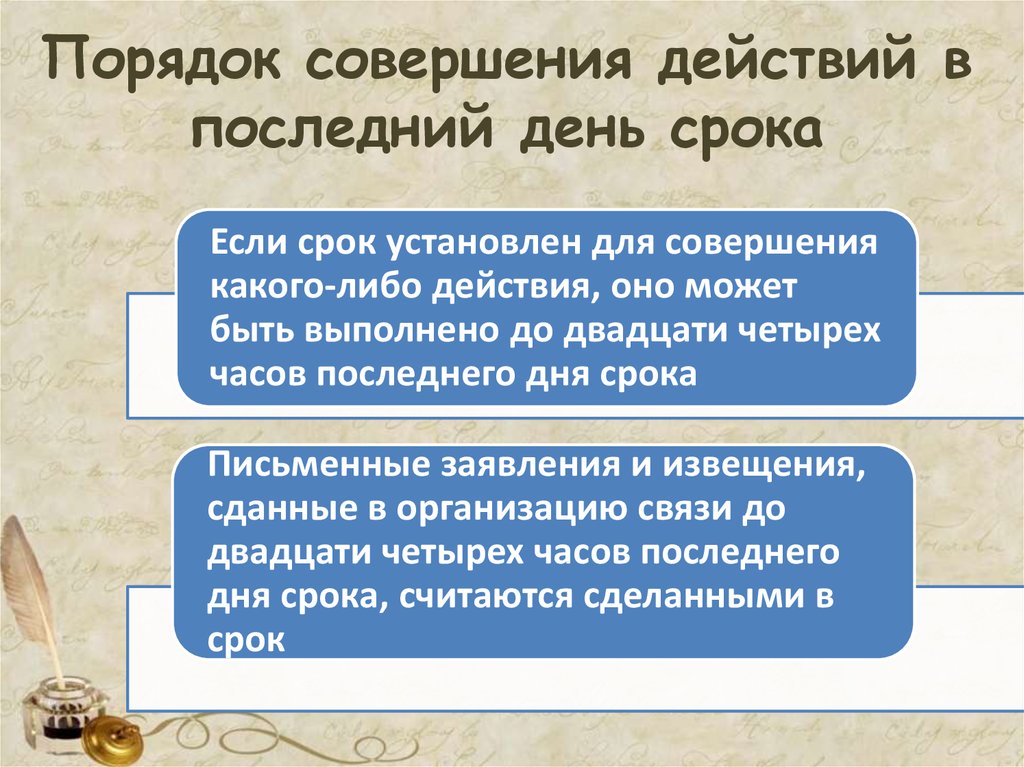 Последний день срока. Порядок совершения действий в последний день срока. Сроки в гражданском праве лекция. Сроки исполнения в последний день. Если срок установлен для совершения какого-либо действия.