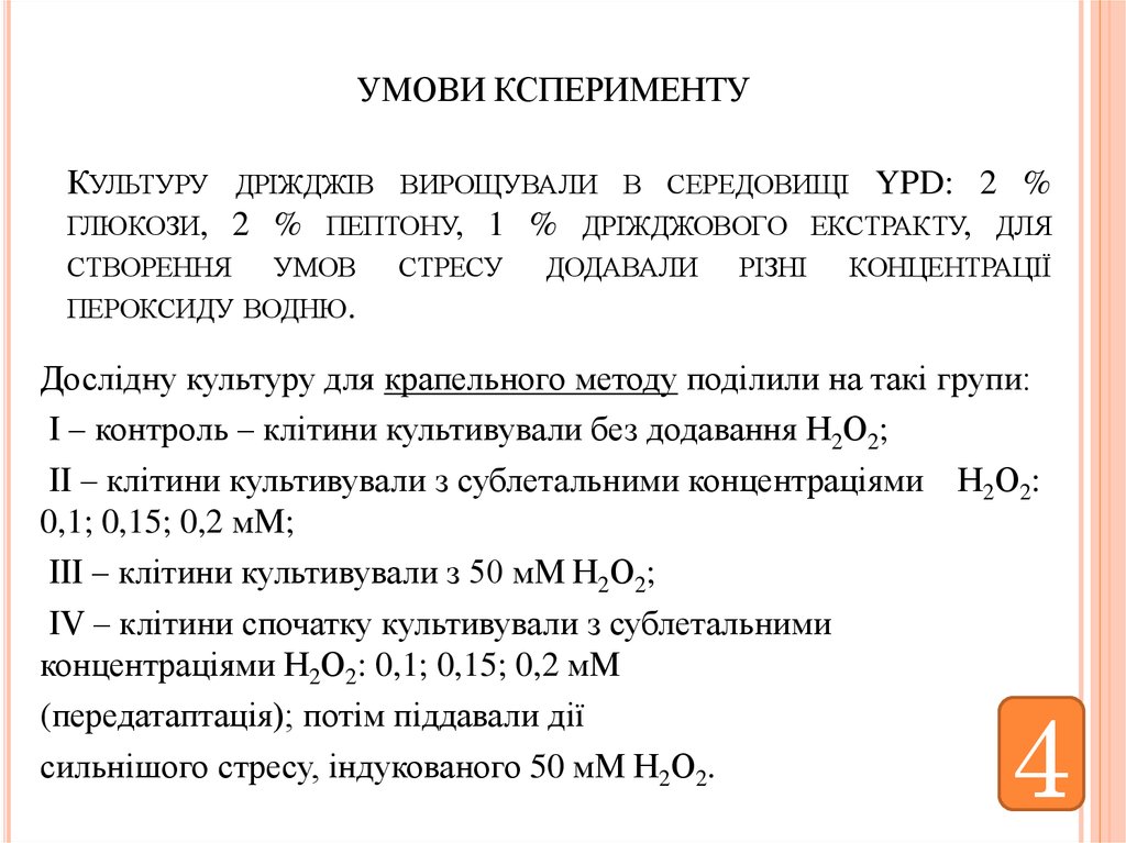 Культуру дріжджів вирощували в середовищі YPD: 2 % глюкози, 2 % пептону, 1 % дріжджового екстракту, для створення умов стресу