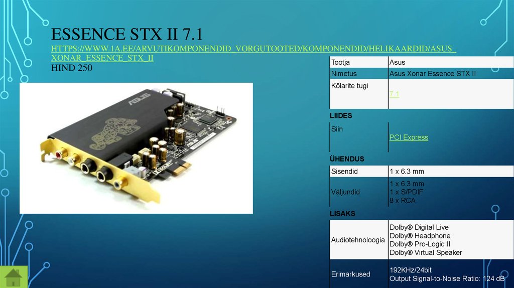 Essence STX II 7.1 https://www.1a.ee/arvutikomponendid_vorgutooted/komponendid/helikaardid/asus_xonar_essence_stx_ii hind 250