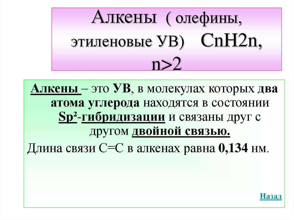 Алкены ( олефины, этиленовые УВ) CnH2n, n>2
