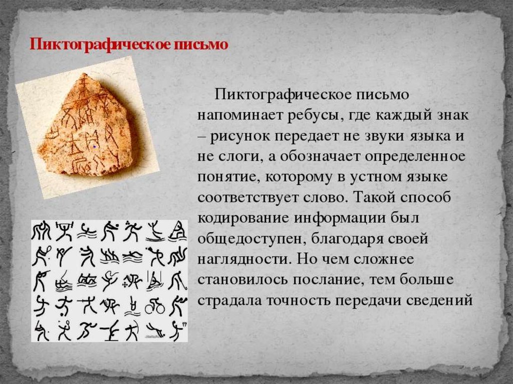 Пиктографическое письмо напоминает ребусы каждый знак рисунок