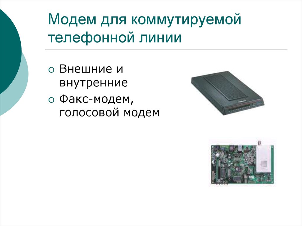 Сообщение модем. Модемы для коммутируемых телефонных линий. Внутренние и внешние модемы. Факс-модем голосовой модем. Факс модем презентация.