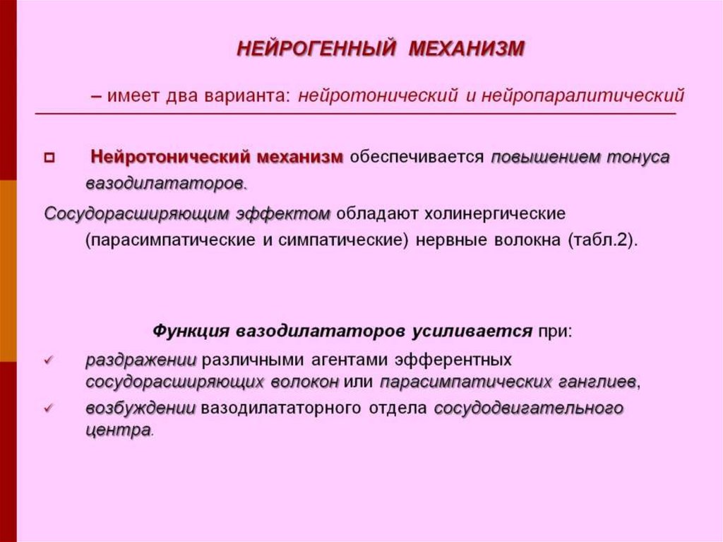 Механизм имеет. Нейрогенный механизм. Механизм формирования нейрогенного тонуса. Нейрогенный механизм развития ишемии. Нейрогенный механизм регуляции.