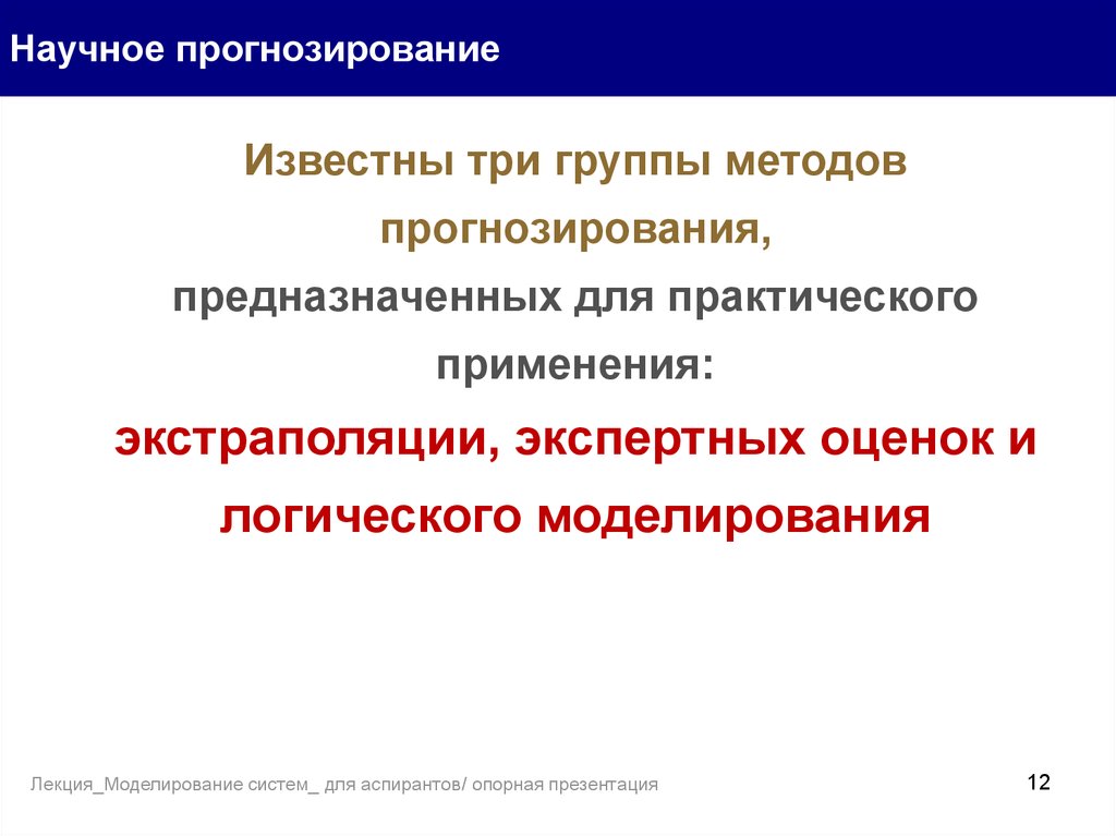 Процесс научного предвидения. Моделирование как метод прогнозирования. Научное прогнозирование. Три группы методов. Экспертные методы прогнозирования.