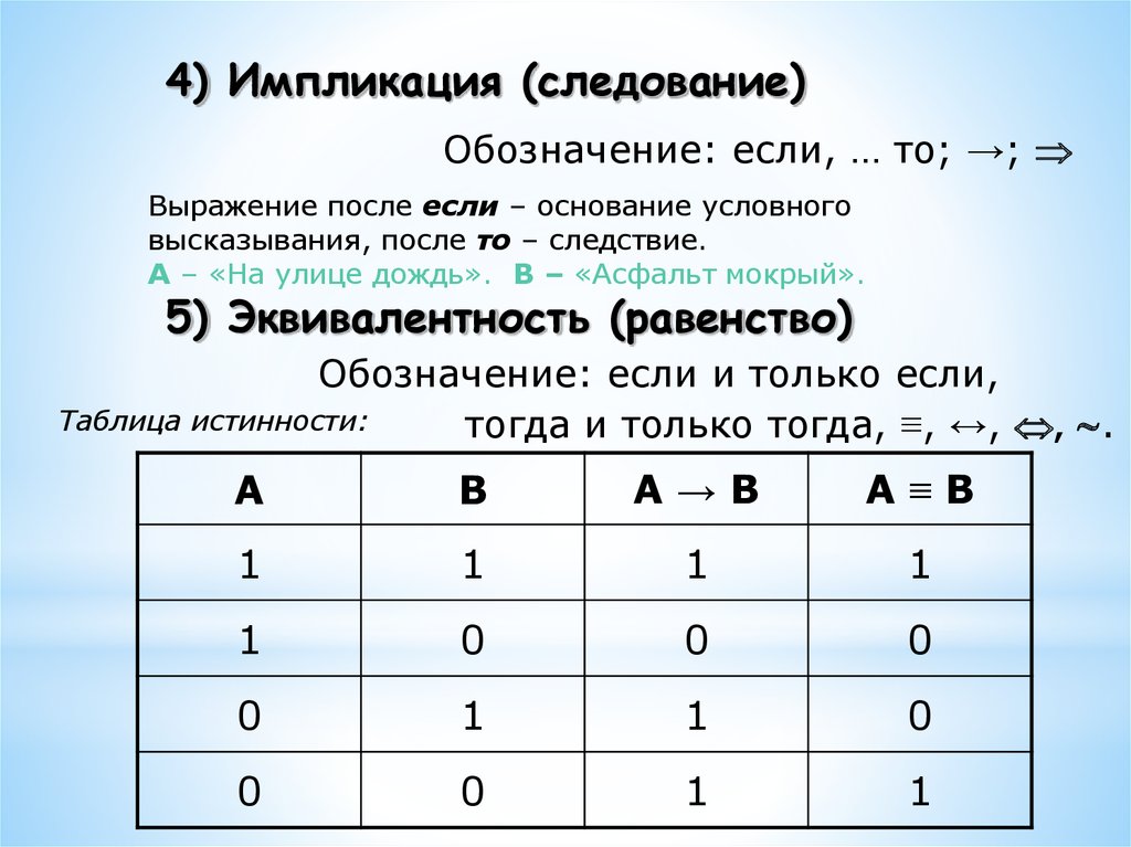 Истинность равенства. Таблицы истинности импликации и эквивалентности. Таблица истинности для операции импликация. Таблица импликации и эквивалентности. Импликация таблица истинности эквиваленция.