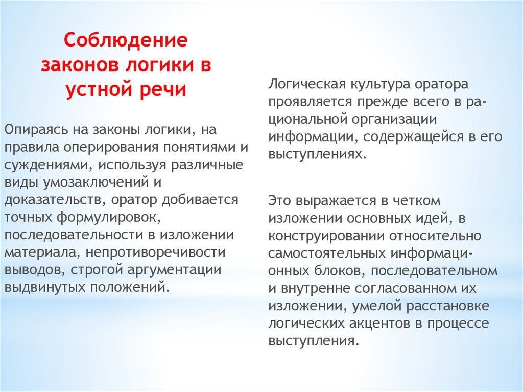 Логическая речь. Законы формальной логики в речевом общении. Логические правила устной речи. Соблюдение законов логики. Соблюдение законов логики в речи.