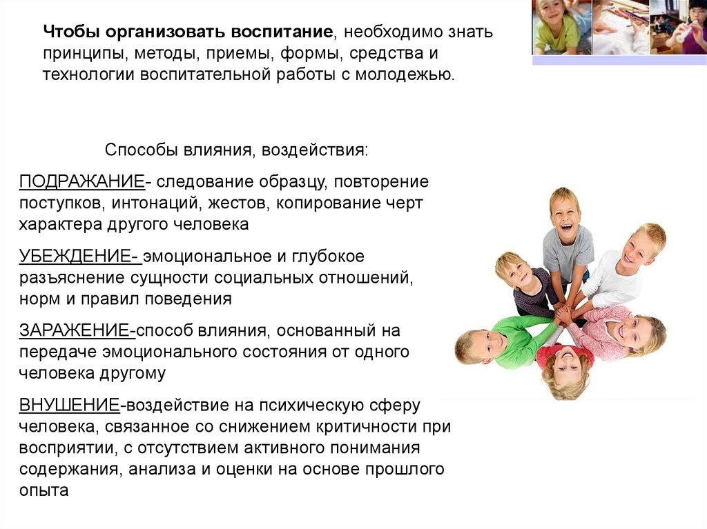 Следование примеру или образцу соответствует такому способу влияния в воспитании как