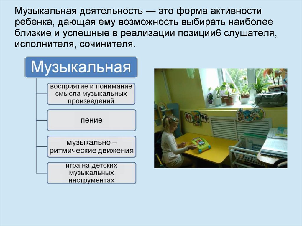 Музыкальная деятельность — это форма активности ребенка, дающая ему возможность выбирать наиболее близкие и успешные в