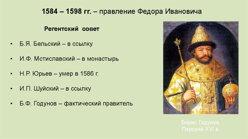 В каком году умер годунов. 1584 – 1598 – Царствование Федора Ивановича.