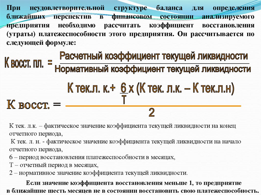 Коэффициент восстановления платежеспособности. Коэффициент восстановления (утраты) платежеспособности. Коэффициент восстановления платежеспособности формула. Коэффициент восстановления платежеспособности пример.