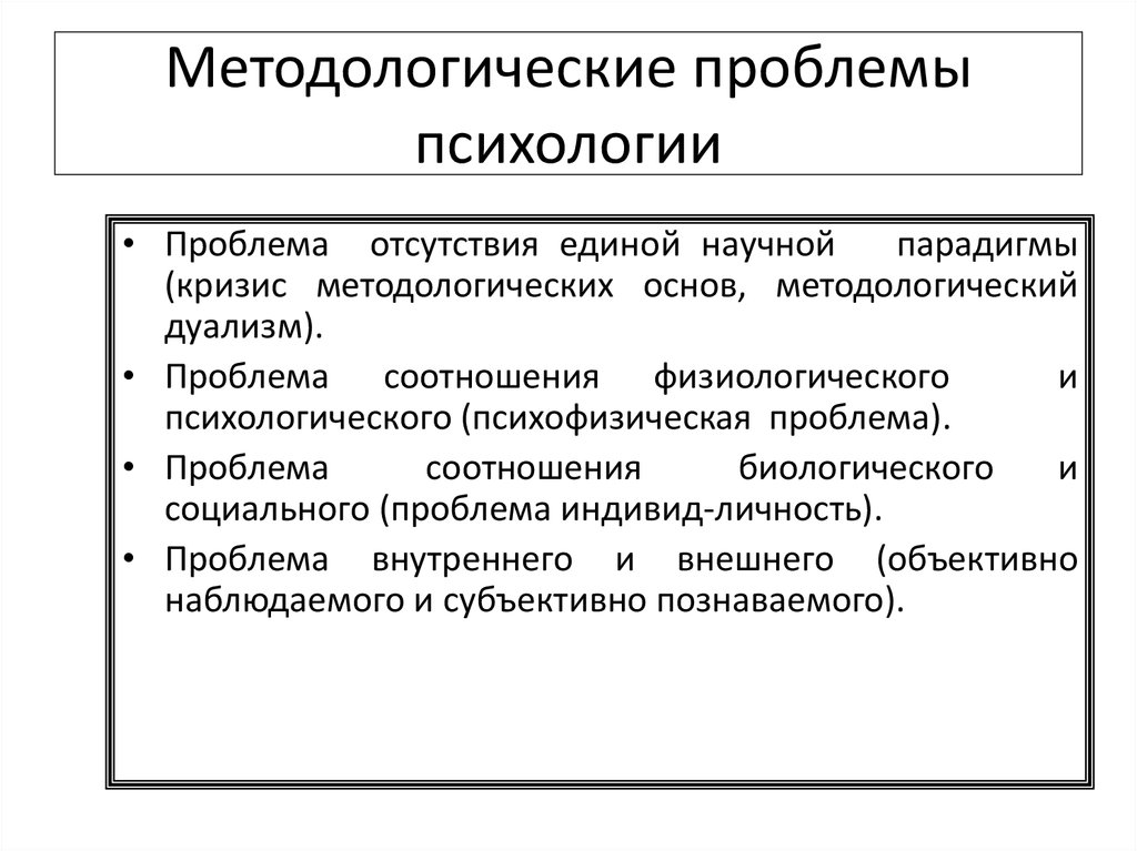 Основные проблемы исследования. Методологические проблемы историко-психологического исследования. Методологические проблемы психологии развития. Методологические проблемы современной психологии. Современные проблемы методологии психологии.