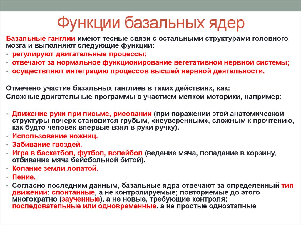 Согласно последних данных. Базальные ядра функции таблица. Функции базальных ядер. Основная функция базальных ядер. Функции подкорковых ядер.