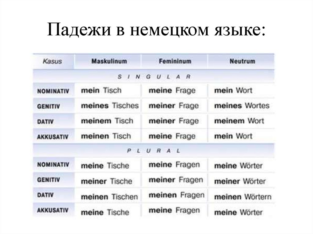 Какой на немецком. Падежи немецкого языка таблица с вопросами. Склонение падежей в немецком языке. Окончания падежей в немецком языке. Склонение падежей в немецком языке таблица.