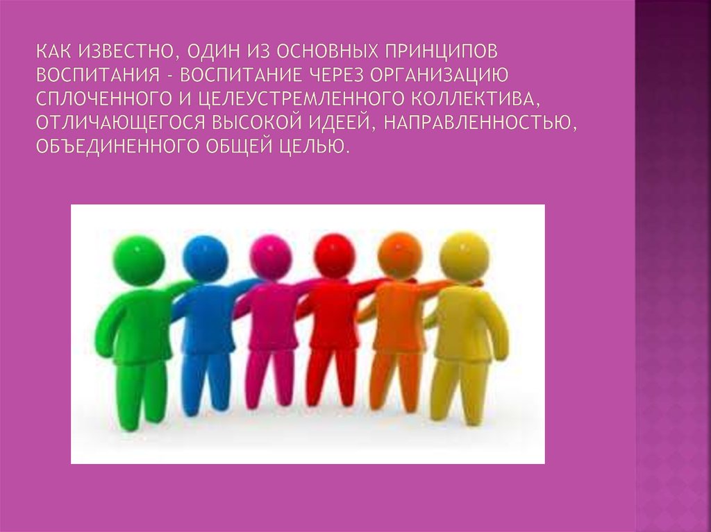 Как известно, один из основных принципов воспитания - воспитание через организацию сплоченного и целеустремленного коллектива,