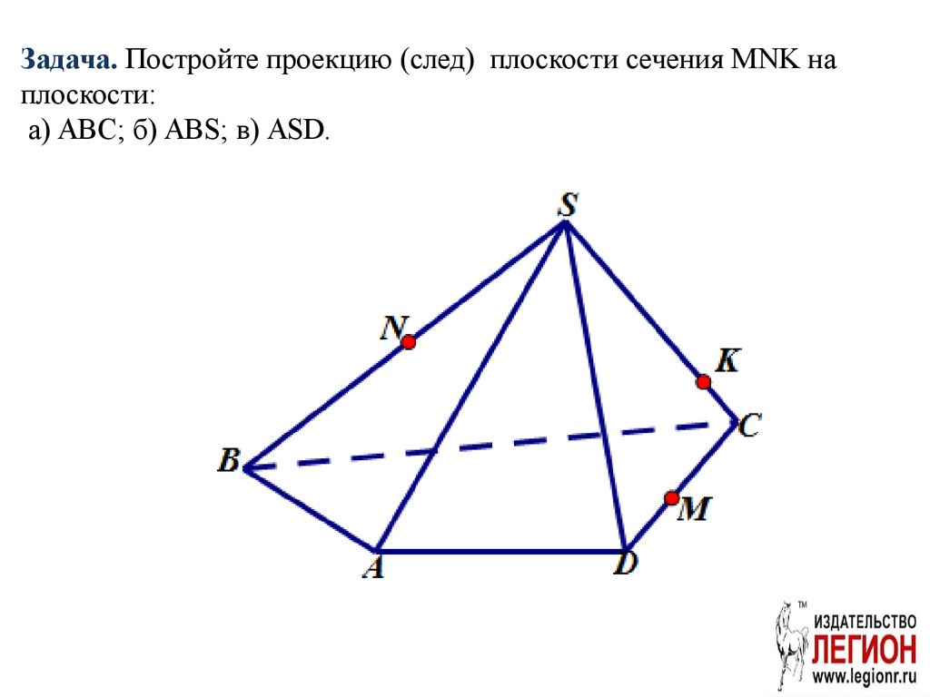 Задача. Постройте проекцию (след) плоскости сечения MNK на плоскости: а) ABC; б) ABS; в) ASD.