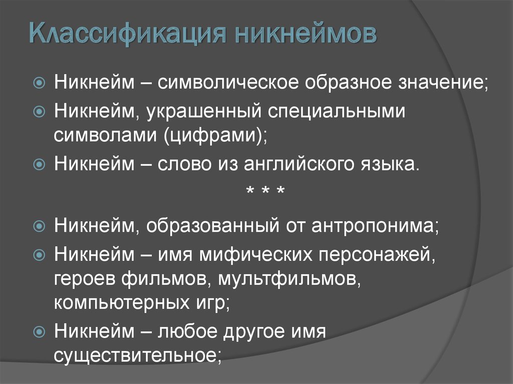 Nickname как особая разновидность современных антропонимов проект