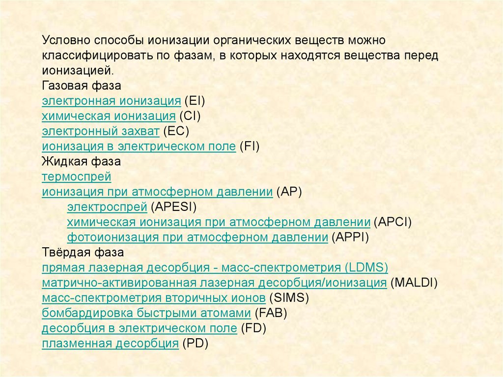 Условный метод. Методы ионизации вещества. Ионизация органических веществ. Классификация методов ионизации. Способы ионизации газов.