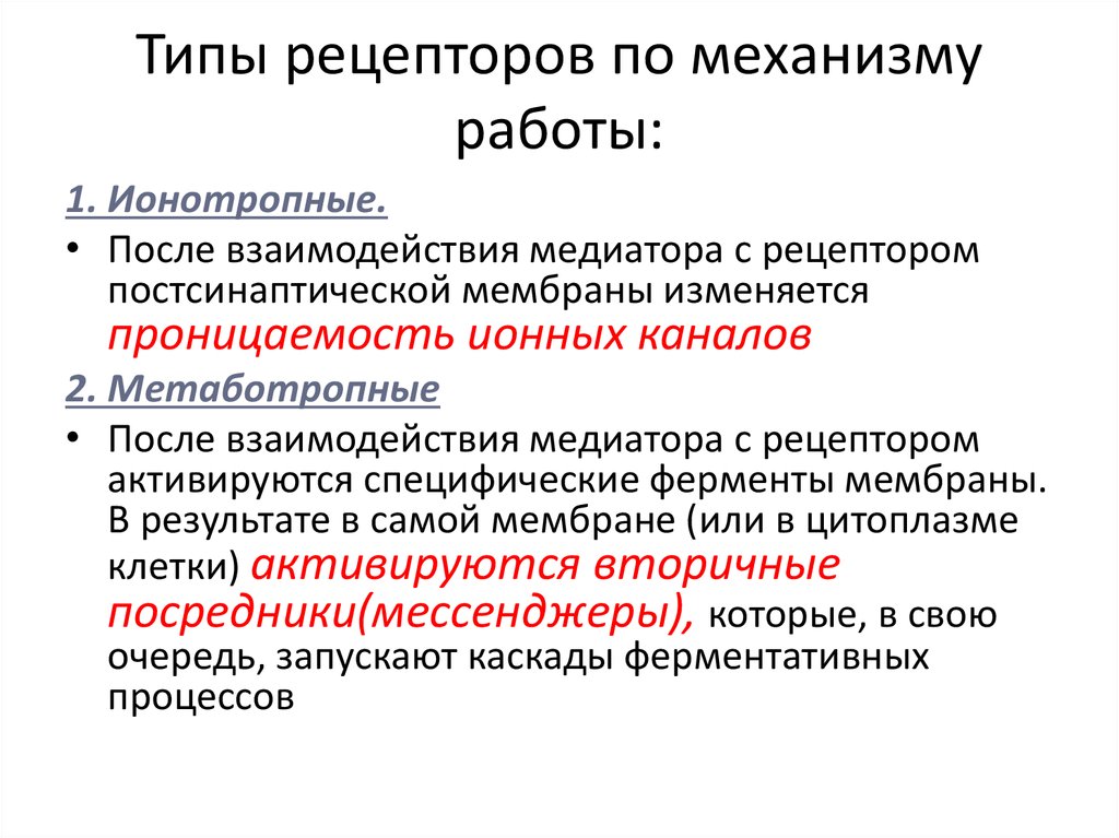 Виды рецепторов. Типы рецепторов. Взаимодействие медиатора с рецепторами. Взаимодействие медиатора с рецепторами постсинаптической мембраны. Типы рецепторов на постсинаптической мембране.