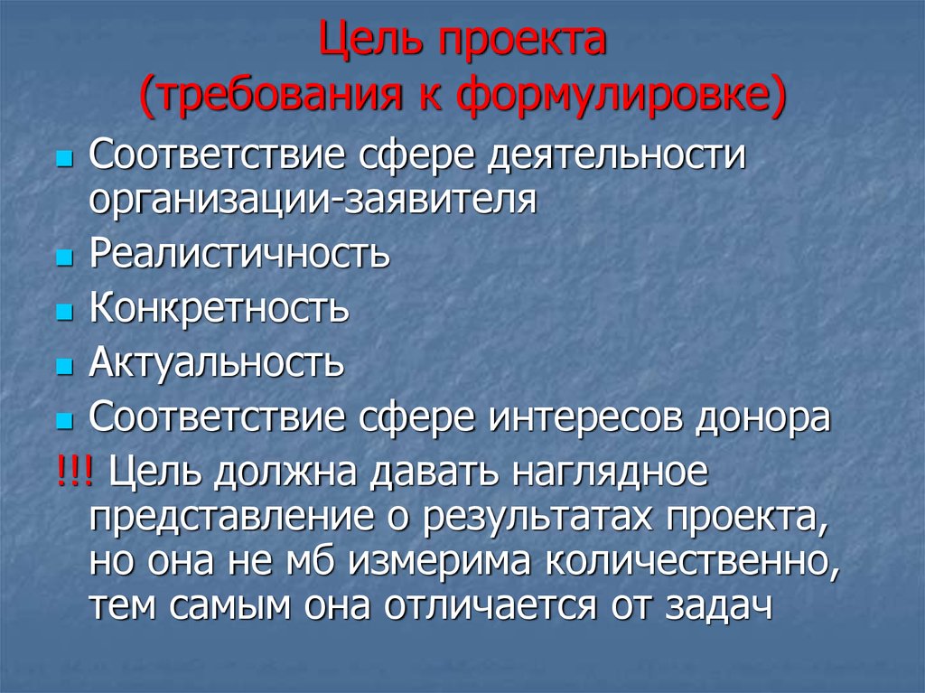 Сфера соответствия. Требования к формулировке проекта. Конкретность цели проекта. Требования к цели проекта. Требования к формулировке целей.