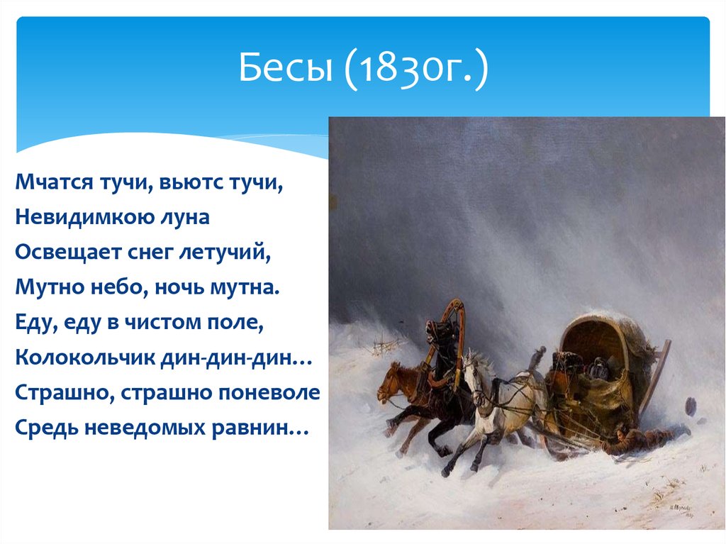 Анализ стихотворения пушкина бесы. Бесы Пушкин 1830. Стихотворение бесы. Бесы Пушкин презентация. Мчатся тучи вьются тучи невидимкою Луна освещает снег Летучий.